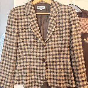 Vintage Giorgio Armani Women's Checkered Blazer - Brown and Cream